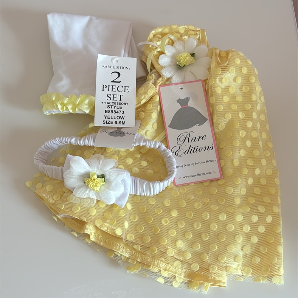 NWT Rare Editions 3 Pc Yellow Polka Dot Dress, Leggings & Headband 6-9 Months